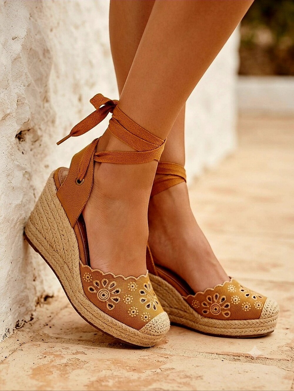 Forever Link Tan Embroidered Espadrille Wedge Sandals with Ankle Wrap